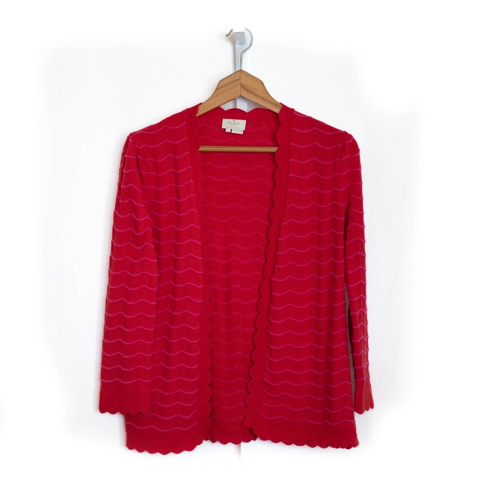 Kate Spade Open Cardigan Womens‎ S Poppy Red Scalloped Trim Preppy Chic